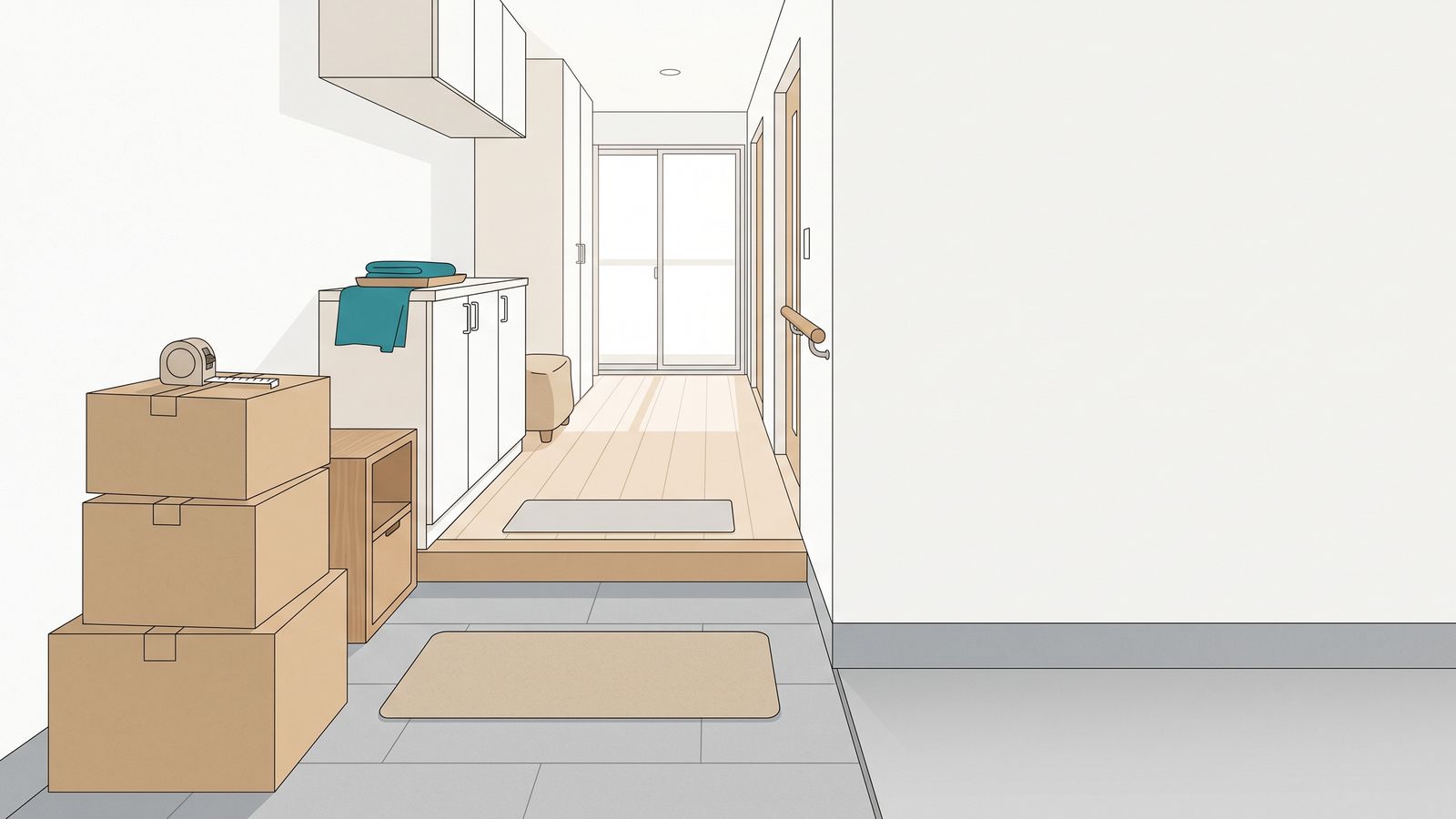 玄関に積まれた引っ越しの段ボールとメジャーのイラスト(AIで生成したイメージ)